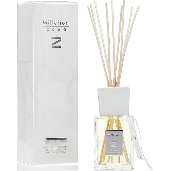 Millefiori Milano Zona Soft Leather - Soft Leather Diffuser 500 ml + 10 reeds, each 35 cm long, for large spaces lasts min. 6 months