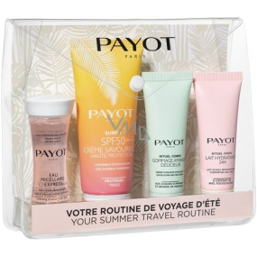 Payot Summer Travel Kit Eau Micellaire Express Facial Lotion 30 ml + Creme Savoureuse SPF50 Sunscreen 50 ml + Gommage Amande Déclicieux Body Scrub 25 ml + Lait Hydratant 24H Body Care 25 ml, Promo Travel Cosmetic Kit in a Bag 2021