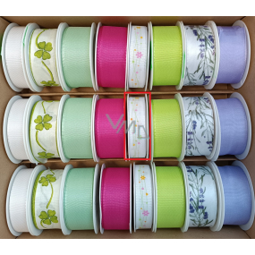 Ditipo Fabric ribbon Spring white green lines and flowers 4 m x 15 mm