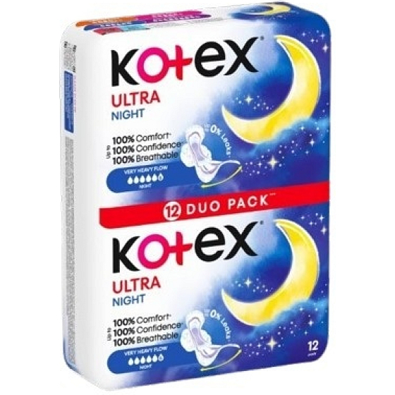 Kotex Ultra Night Duo Pack sanitary pads, 12 pcs