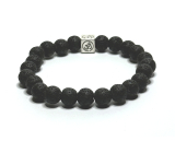 Lava dark grey with royal mantra Om, bracelet elastic natural stone, ball 8 mm / 16-17 cm, born of the four elements