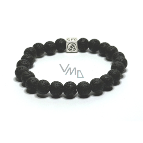 Lava dark grey with royal mantra Om, bracelet elastic natural stone, ball 8 mm / 16-17 cm, born of the four elements