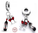 Sterling silver 925 I love wine - bottle + glasses, 2in1, pendant for bracelet, food and drink