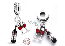 Sterling silver 925 I love wine - bottle + glasses, 2in1, pendant for bracelet, food and drink