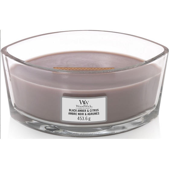 WoodWick Black Amber & Citrus - Black amber and citrus scented candle with wooden wide wick and glass ship lid 453 g
