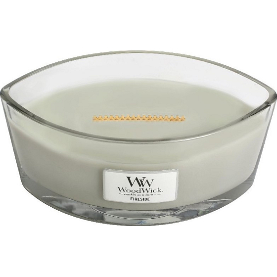 WoodWick Fireside - Fireplace scented candle with a wide wooden wick and lid glass boat 453 g