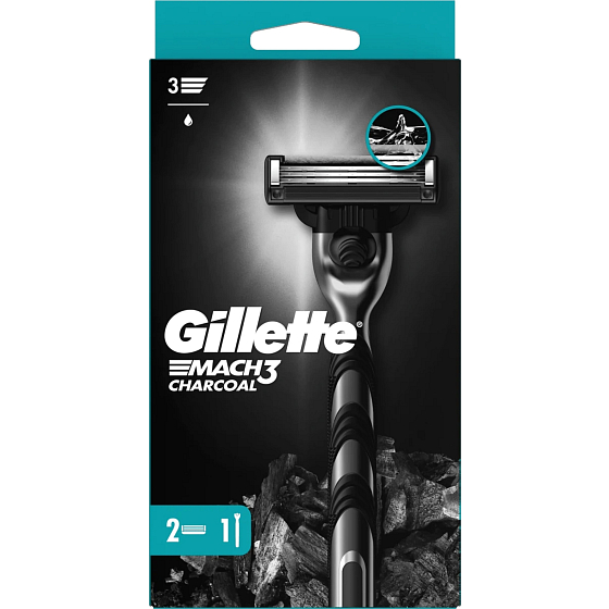 Gillette Mach3 Charcoal shaving shaver + replacement heads 2 pieces for men