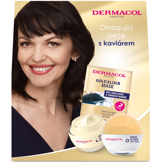 Dermacol Gold Elixir SPF10 rejuvenating caviar day cream 50 ml + rejuvenating caviar night cream 50 ml + rejuvenating mask with caviar 2 x 8 g, cosmetic set for women