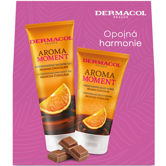 Dermacol Aroma Moment Belgian Chocolate - Belgian Chocolate shower gel 250 ml + body scrub 150 ml, cosmetic set for women