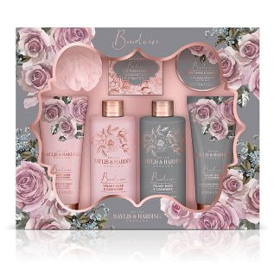 Baylis & Harding Velvet Rose and Cashmere Shower Cream 300 ml + bath lotion 300 ml + washing gel 130 ml + hand and body lotion 130 ml + toilet soap 100 g + bath salt 100 g + washcloth, cosmetic set