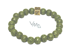 Lava bottle green with royal mantra Om, bracelet elastic natural stone, ball 8 mm / 16-17 cm, born of the four elements