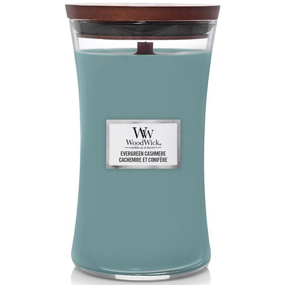 WoodWick Evergreen Cashmere - Kašmír a lesní jehličnany vonná svíčka s dřevěným knotem a víčkem sklo velká 609 g