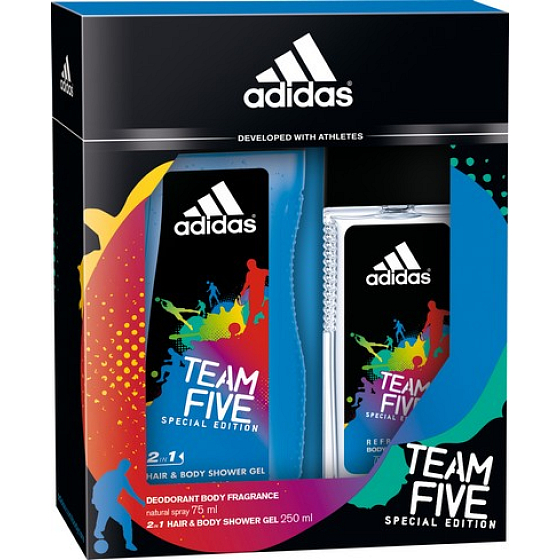 Adidas Team Five perfumed deodorant glass for men 75 ml + shower gel 250 ml, cosmetic set