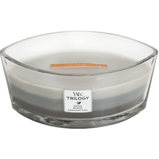 WoodWick Trilogy Warm Woods - Warm wood scented candle with wooden wide wick and glass boat lid 453 g