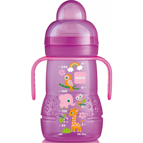 I have a Trainer drinking training bottle with a soft spout and handles, various designs and colors, 4+ months, 220 ml.