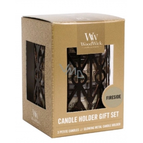 WoodWick Fireside - Fireplace candle with wooden wick petite 3 x 31 g + Geometric candle holder gift set