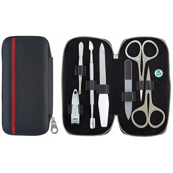Dup Manicure Fany Leather 7-Piece Black with Red Fashion Stripe Pattern 230401-434