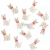 Wooden cat with glue with red bow natural 4 cm 12 pieces