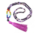 108 Mala 7 Chakra Agate purple necklace, meditation jewelry, natural stone knotted, elastic, bead 6 mm