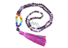 108 Mala 7 Chakra Agate purple necklace, meditation jewelry, natural stone knotted, elastic, bead 6 mm