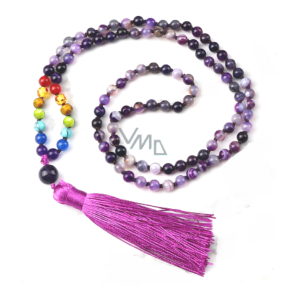 108 Mala 7 Chakra Agate purple necklace, meditation jewelry, natural stone knotted, elastic, bead 6 mm