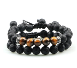 Lava black + Tiger eye, duo bracelet natural stone, ball 8 mm / adjustable size