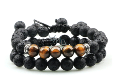 Lava black + Tiger eye, duo bracelet natural stone, ball 8 mm / adjustable size