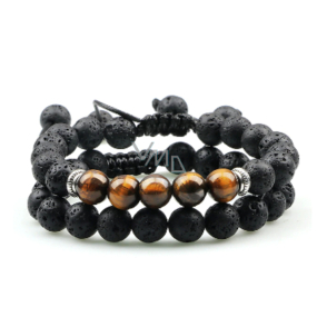 Lava black + Tiger eye, duo bracelet natural stone, ball 8 mm / adjustable size