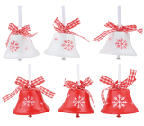 Red and white hanging bells with snowflake 4,5 cm 6 pieces
