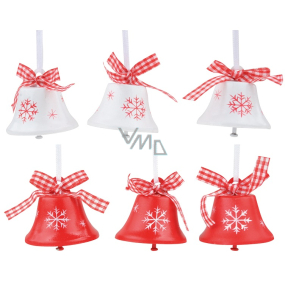 Red and white hanging bells with snowflake 4,5 cm 6 pieces