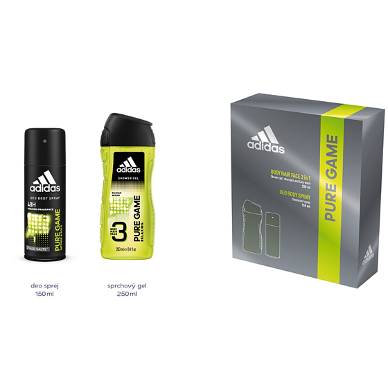 Adidas Pure Game Deodorant Spray for Men 150 ml + 3 in 1 shower gel for body, face and hair 250 ml, cosmetic set