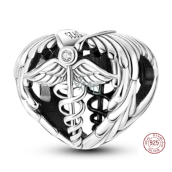 Charm Sterling Silver 925 Graduation - Aesculapius staff - emblem of doctors and pharmacists, graduate bead heart on bracelet job