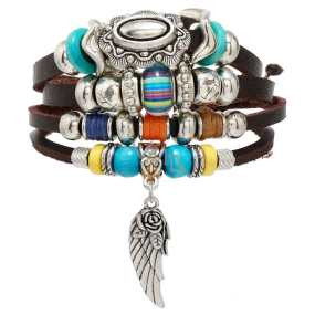 Leather multi-layer bracelet, angel wing symbol adjustable size