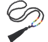 108 Mala 7 chakra necklace, Onyx meditation jewellery, natural stone knotted, elastic, tassel 8 cm, bead 6 mm