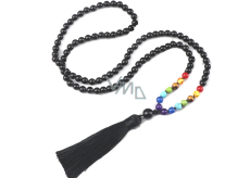 108 Mala 7 chakra necklace, Onyx meditation jewellery, natural stone knotted, elastic, tassel 8 cm, bead 6 mm