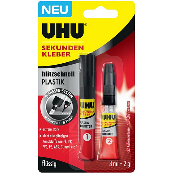 Uhu Super Glue Plastic ultra-fast two-phase second adhesive for bonding plastics 3 ml + 2 g