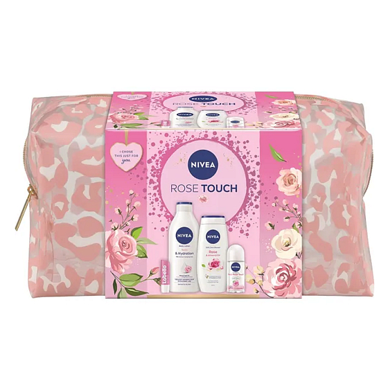 Nivea Rose Touch Rose & Hydration body lotion 400 ml + Nivea Rose & Almond Oil shower gel 250 ml + Nivea Fresh Rose Touch roll-on antiperspirant 50 ml + Labello Soft Rosé lip balm 4.8 g + cosmetic bag, cosmetic set for women