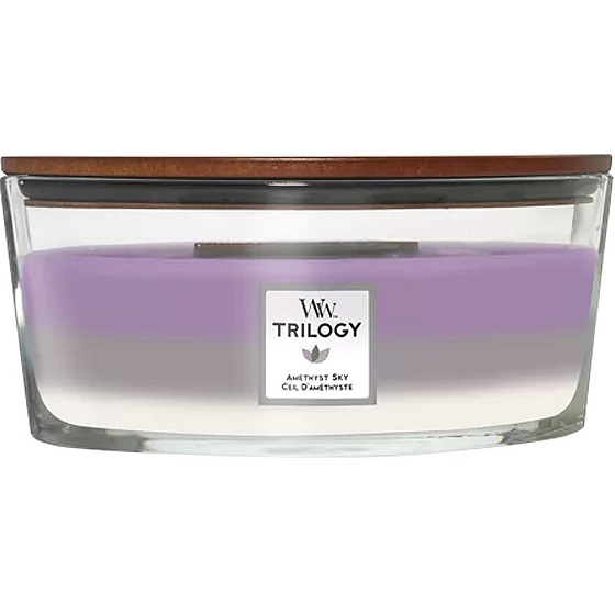 WoodWick Trilogy Amethyst Sky - Amethyst Sky scented candle with wooden wick and lid glass boat 453 g