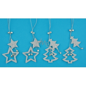 Star and tree with glitters for hanging silver 13 cm 4 pieces