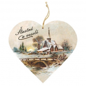 Bohemia Gifts Decorative wooden heart with the print Happy and Merry - Church 13 cm