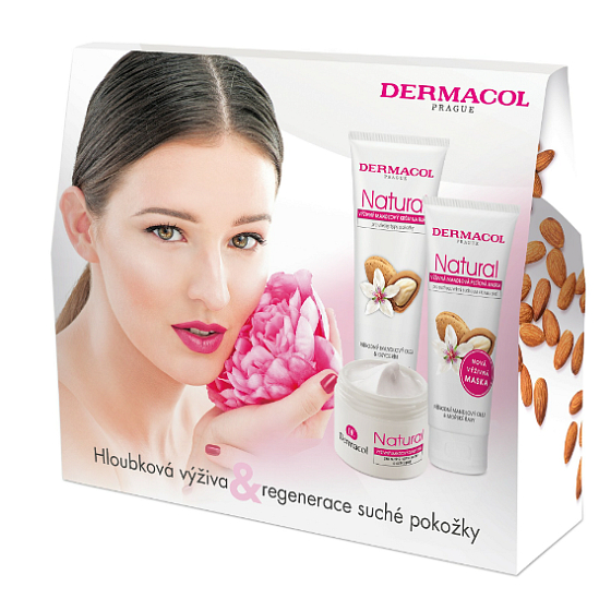 Dermacol Natural nourishing almond day cream for dry and sensitive skin 50 ml + nourishing almond hand cream 100 ml + nourishing almond face mask for very dry and sensitive skin 100 ml, cosmetic set for women