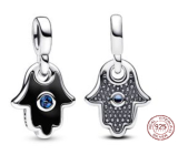 Charm Sterling silver 925 Hand of Fatima, Hamsa - Mini Medallion with starry blue crystal and black enamel, pendant for bracelet symbol