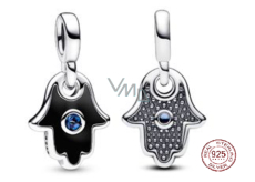 Charm Sterling silver 925 Hand of Fatima, Hamsa - Mini Medallion with starry blue crystal and black enamel, pendant for bracelet symbol