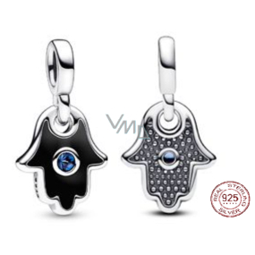 Charm Sterling silver 925 Hand of Fatima, Hamsa - Mini Medallion with starry blue crystal and black enamel, pendant for bracelet symbol