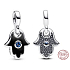 Charm Sterling silver 925 Hand of Fatima, Hamsa - Mini Medallion with starry blue crystal and black enamel, pendant for bracelet symbol