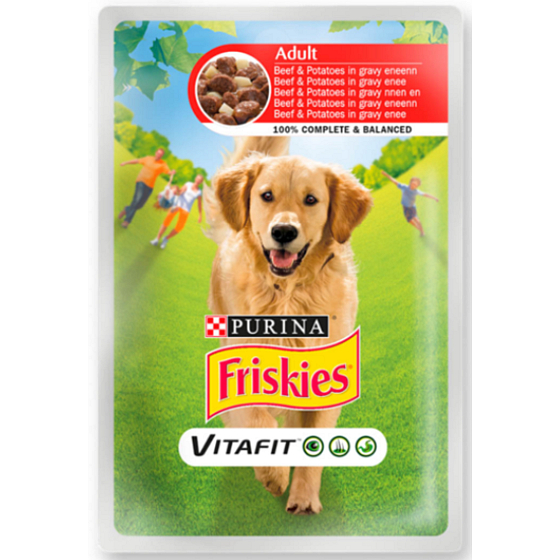 Purina Friskies Vitafit beef with potatoes in gravy complete dog food pouch 100 g