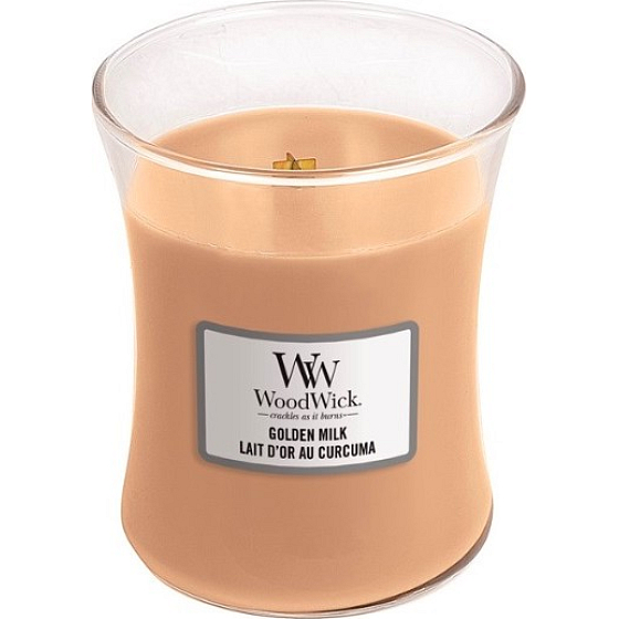 WoodWick Golden Milk - Golden milk scented candle with wooden wick and glass lid medium 275 g