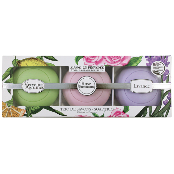 Jeanne en Provence Verveine Agrumes - Verbena and Citrus Fruit Toilet Soap 100 g + Captivating Rose Toilet Soap 100 g + Lavender Toilet Soap 100 g, cosmetic set
