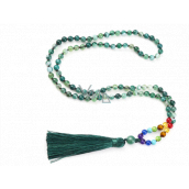108 Mala 7 chakra necklace, Agate green meditation jewelry, natural stone, elastic, tassel 8 cm, bead 6 mm
