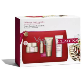 Clarins Nutri-Lumiére revitalizing day cream 50 ml + nourishing cream 10 ml + nourishing night cream 15 ml + caring hand and nail cream 30 ml + cosmetic bag, cosmetic set for women